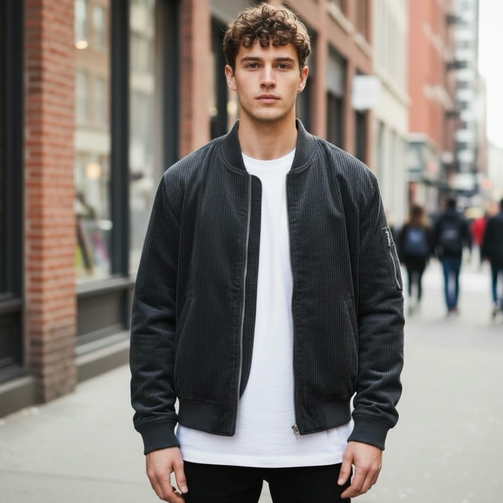 🌻NEW w/tag Label Go-To Bomber Jacket Black Corduroy Zip Front Size Medium